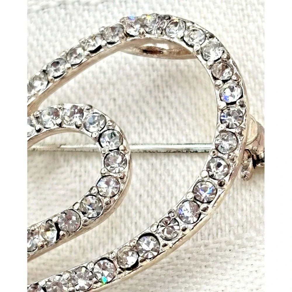 Intertwined Double Heart Brooch Silver Tone Clear Rhinestones Love‎ Pin Bridal
